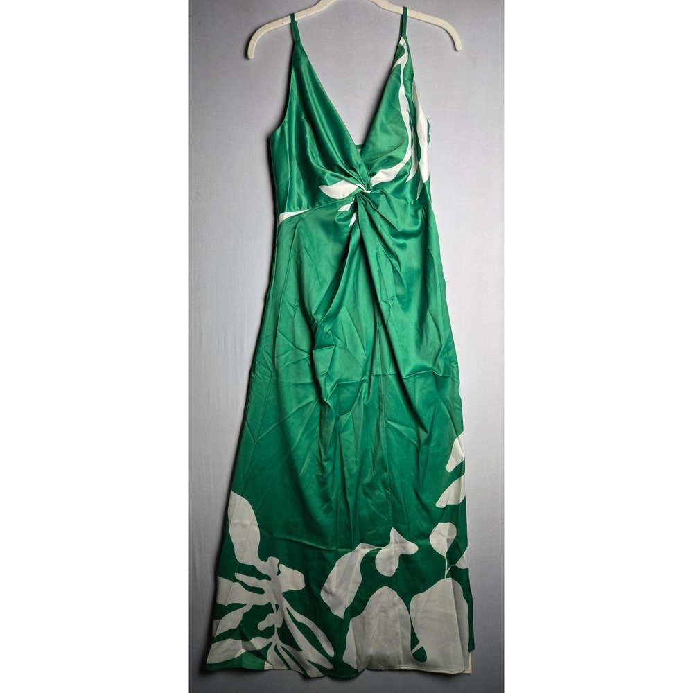 Commense Green White Floral Twist Front Maxi Dress Satin V-Neck Tassel Small